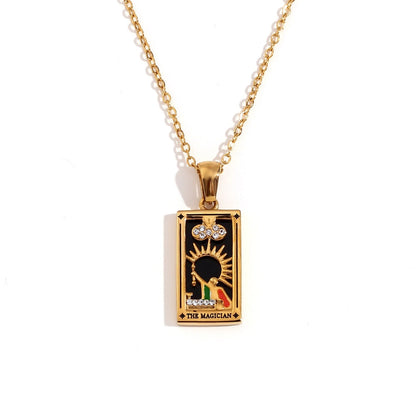 Tarot Card Necklace with Inlaid Design and Crystals