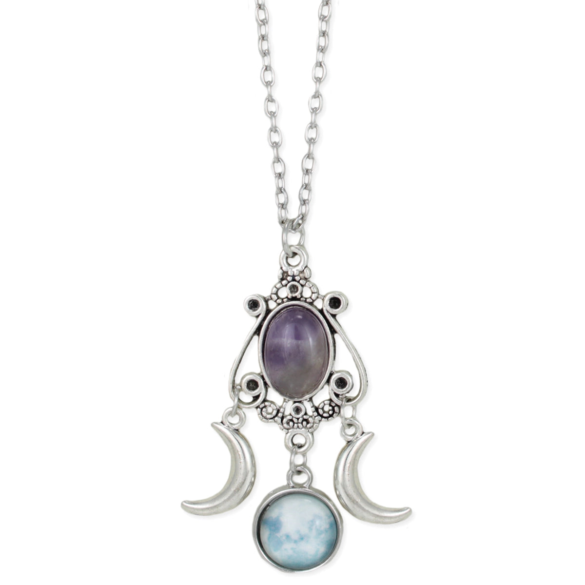 Mystic Moon Silver Amethyst Necklace Boho Rustic Gemstone Crystal