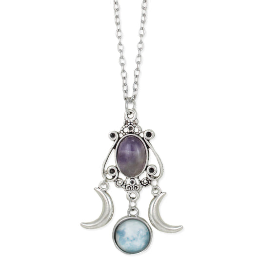 Mystic Moon Silver Amethyst Necklace Boho Rustic Gemstone Crystal