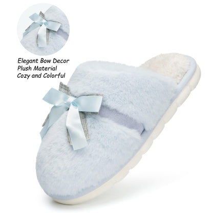 Cute Women's Memory Foam House Slippers - Fuzzy Plush Faux Fur Slippers with Bow Butterfly Tie - Anti-Skid Indoor/Outdoor Gifts for Women, Moms & Ladies