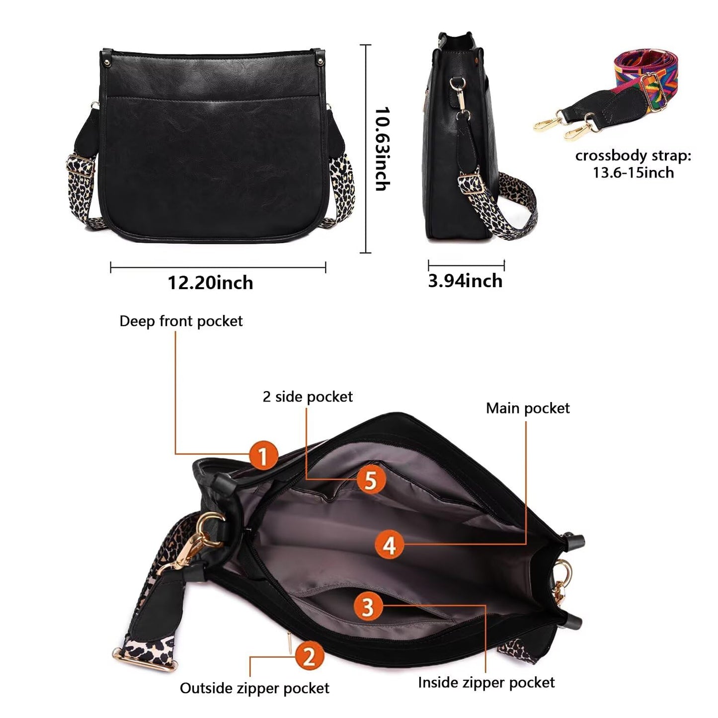 Crossbody Purse with Guitar Strap Zipped Pockets Handbag Shoulder Bag Vegan Leather Crossbody Bags for Women