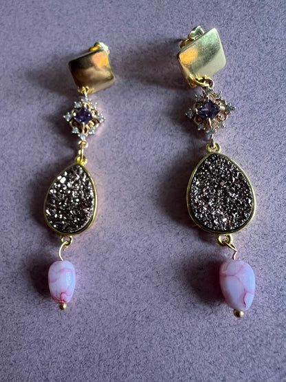 Druzy Crystal Drop Earrings with Roasted Glass Pendant