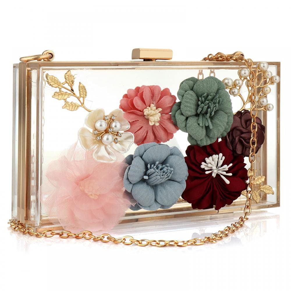 Floral Beaded Clutch Purse for Wedding Clear Crossbody Bag