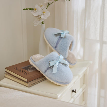Cute Women's Memory Foam House Slippers - Fuzzy Plush Faux Fur Slippers with Bow Butterfly Tie - Anti-Skid Indoor/Outdoor Gifts for Women, Moms & Ladies
