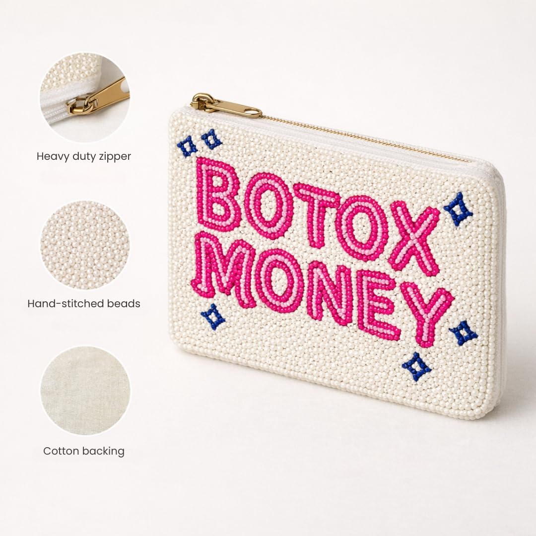 Pearl Beaded Coin Purse Handmade with Colorful Designs Savings Bag Small Zipper Pouch for Cash Card & Makeup (Botox Money)