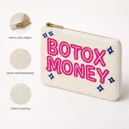 Pearl Beaded Coin Purse Handmade with Colorful Designs Savings Bag Small Zipper Pouch for Cash Card & Makeup (Botox Money)