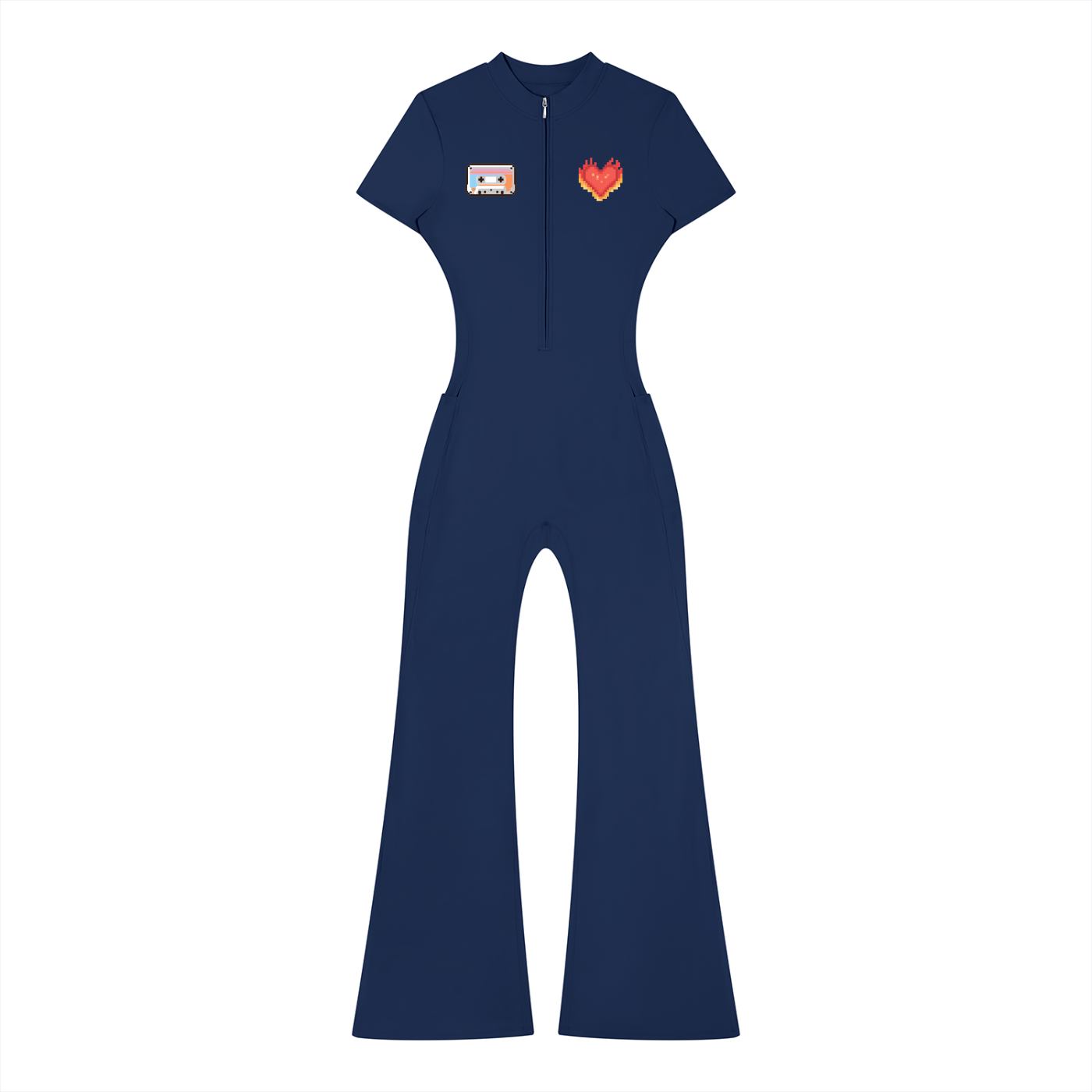 Women’s Tight Fit Flared Leg Quarter-Zip Jumpsuit Y2K Inspired Pixel Art