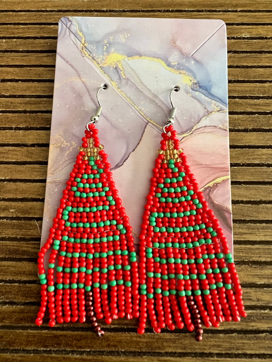 Christmas tree handmade rice bead earrings