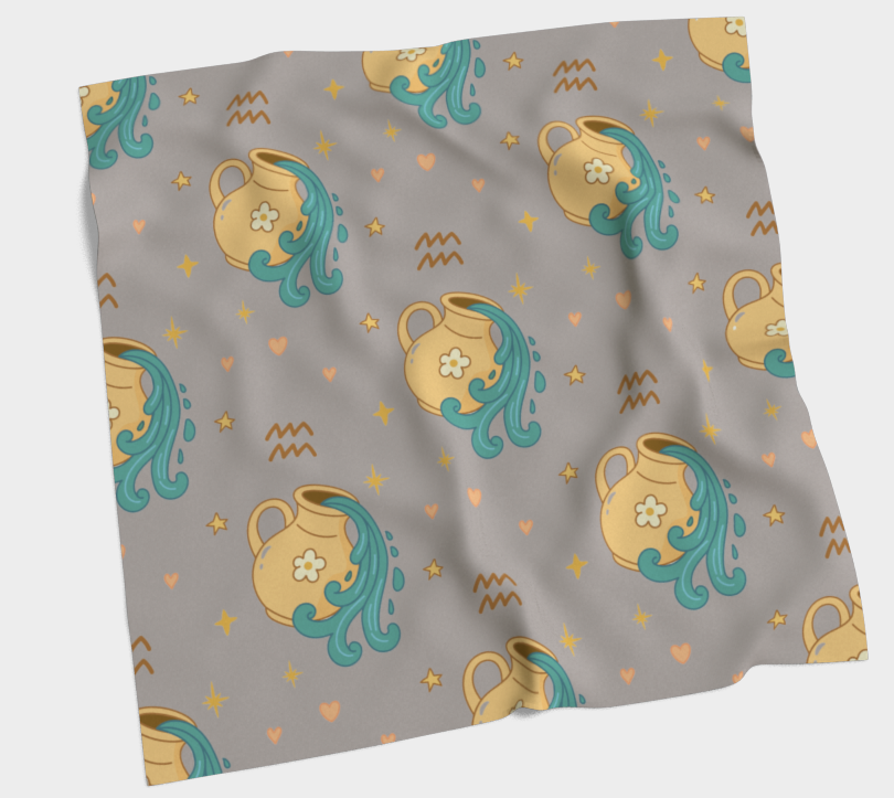 Fabric swatch with a pattern of pots and flowers on a gray background