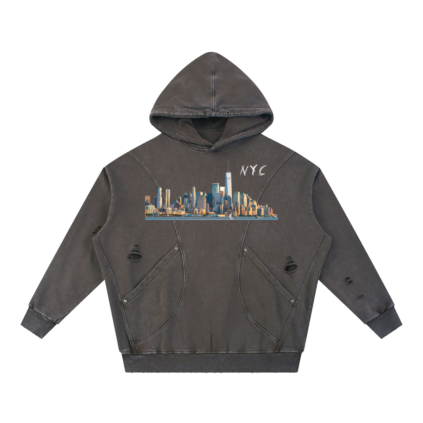 Unisex Snow Washed Distressed Panel Pocket Hoodie with NYC Skyline Print