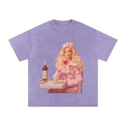 Funny Barbie with a Wine Glass Snow Washed Oversized Cotton T-Shirt