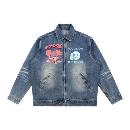 Vintage Wash Zip Up Denim Jacket with Art Prints Positive Japanese Moon Astronaut
