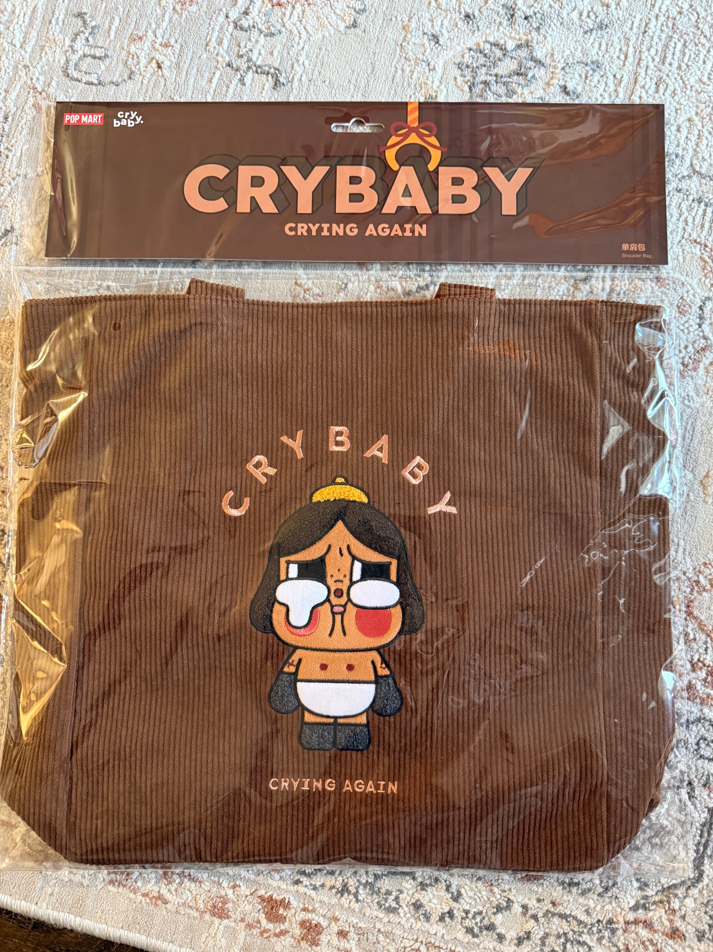 CRYBABY Crying Again Corduroy Brown Tote Bag Authentic Pop Mart