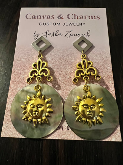 Celestial Statement Earrings with Sun and Black Pearl Discs