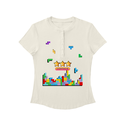 Women's Modal Bodycon Henley Shirt with Tetris Pixel Gaming Print