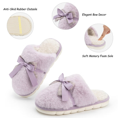 Cute Women's Memory Foam House Slippers - Fuzzy Plush Faux Fur Slippers with Bow Butterfly Tie - Anti-Skid Indoor/Outdoor Gifts for Women, Moms & Ladies