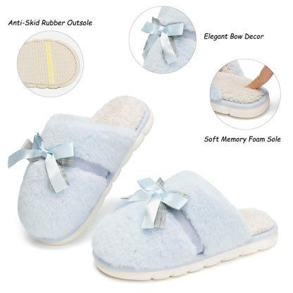 Cute Women's Memory Foam House Slippers - Fuzzy Plush Faux Fur Slippers with Bow Butterfly Tie - Anti-Skid Indoor/Outdoor Gifts for Women, Moms & Ladies