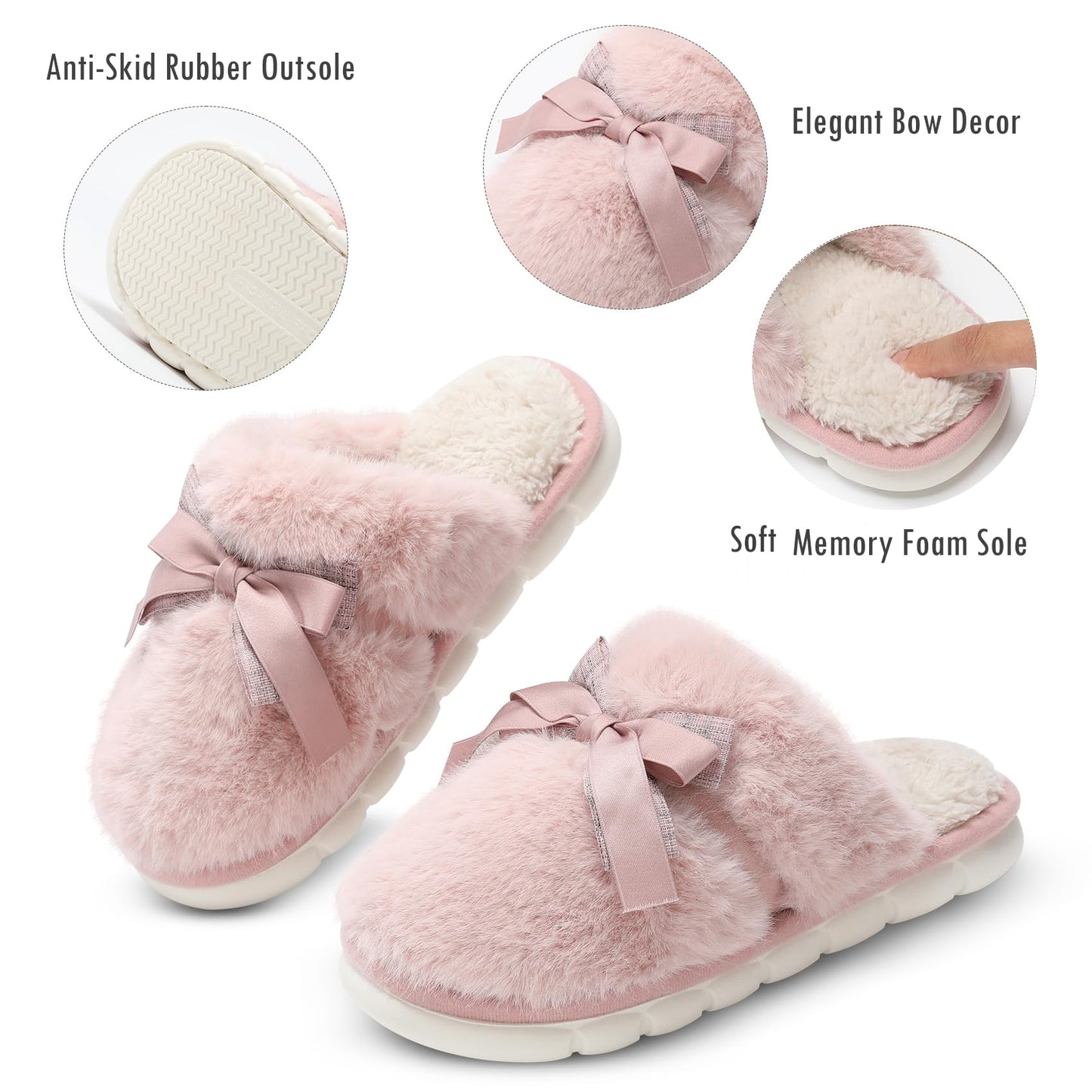 Cute Women's Memory Foam House Slippers - Fuzzy Plush Faux Fur Slippers with Bow Butterfly Tie - Anti-Skid Indoor/Outdoor Gifts for Women, Moms & Ladies