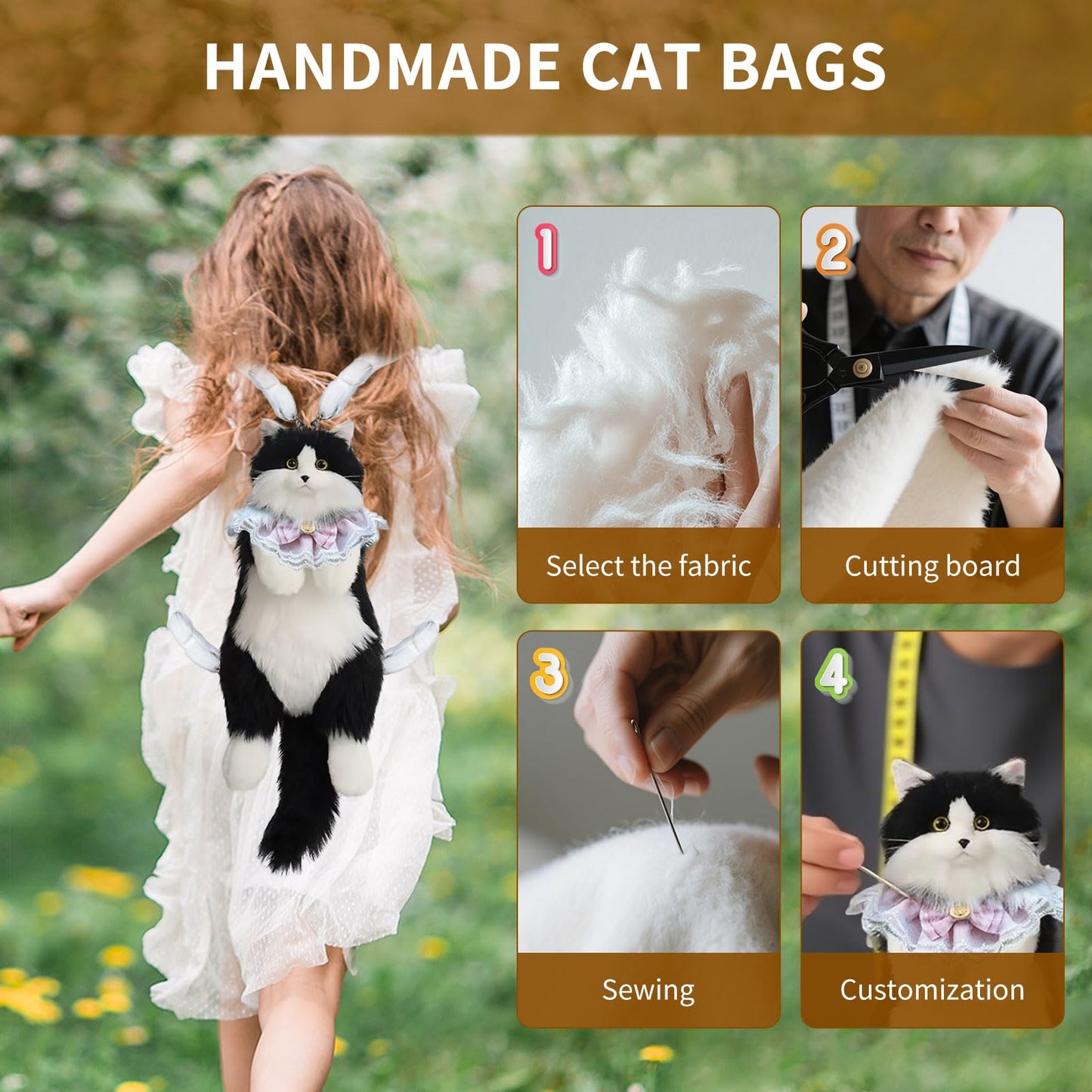 Stuffed Cat Backpack - Cute plush Backpack Toy, Handcrafted Realistic Cat Shaped Backpack, Plush Bag with Adjustable Shoulder, Crossbody, Backpack Straps (White)
