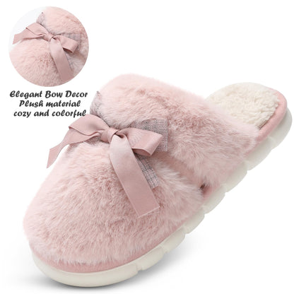Cute Women's Memory Foam House Slippers - Fuzzy Plush Faux Fur Slippers with Bow Butterfly Tie - Anti-Skid Indoor/Outdoor Gifts for Women, Moms & Ladies