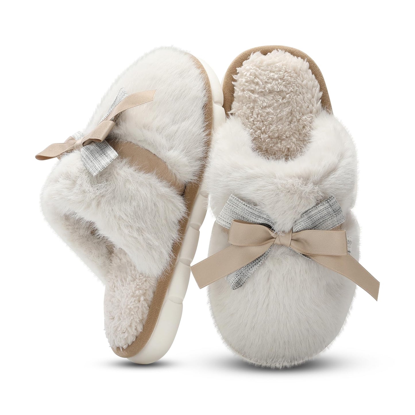 Cute Women's Memory Foam House Slippers - Fuzzy Plush Faux Fur Slippers with Bow Butterfly Tie - Anti-Skid Indoor/Outdoor Gifts for Women, Moms & Ladies