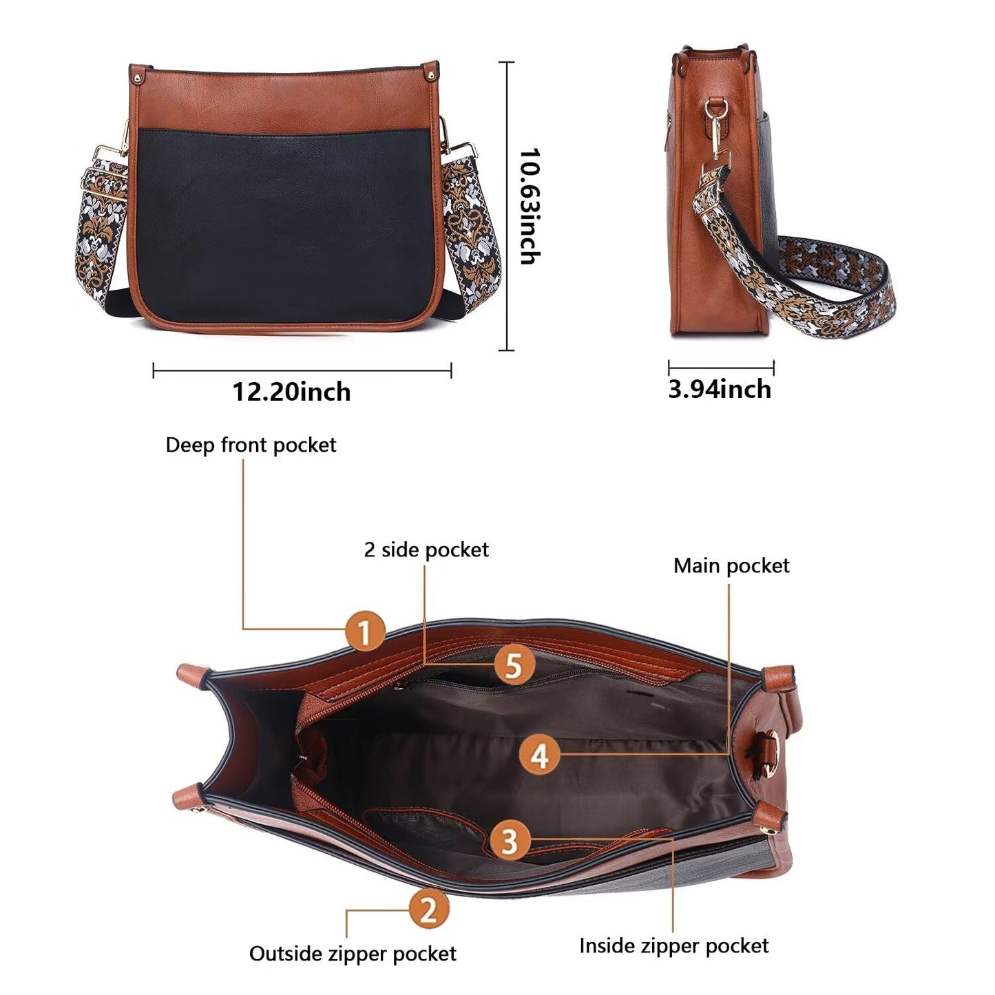 Crossbody Purse with Guitar Strap Zipped Pockets Handbag Shoulder Bag Vegan Leather Crossbody Bags for Women