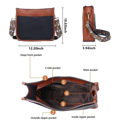 Crossbody Purse with Guitar Strap Zipped Pockets Handbag Shoulder Bag Vegan Leather Crossbody Bags for Women