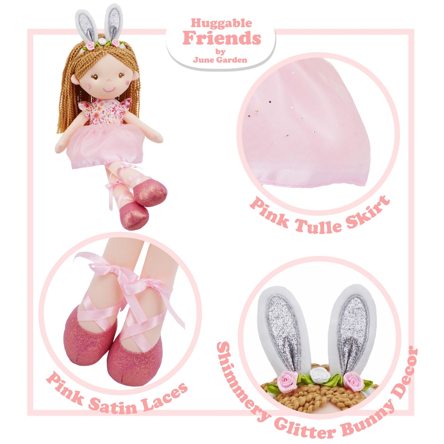 June Garden 18" Ballerina Plush Doll Rosalie - Soft Pink Hair Doll in Floral Dress & Tulle Skirt with Ballet Shoes - Gift for Girls & Toddlers