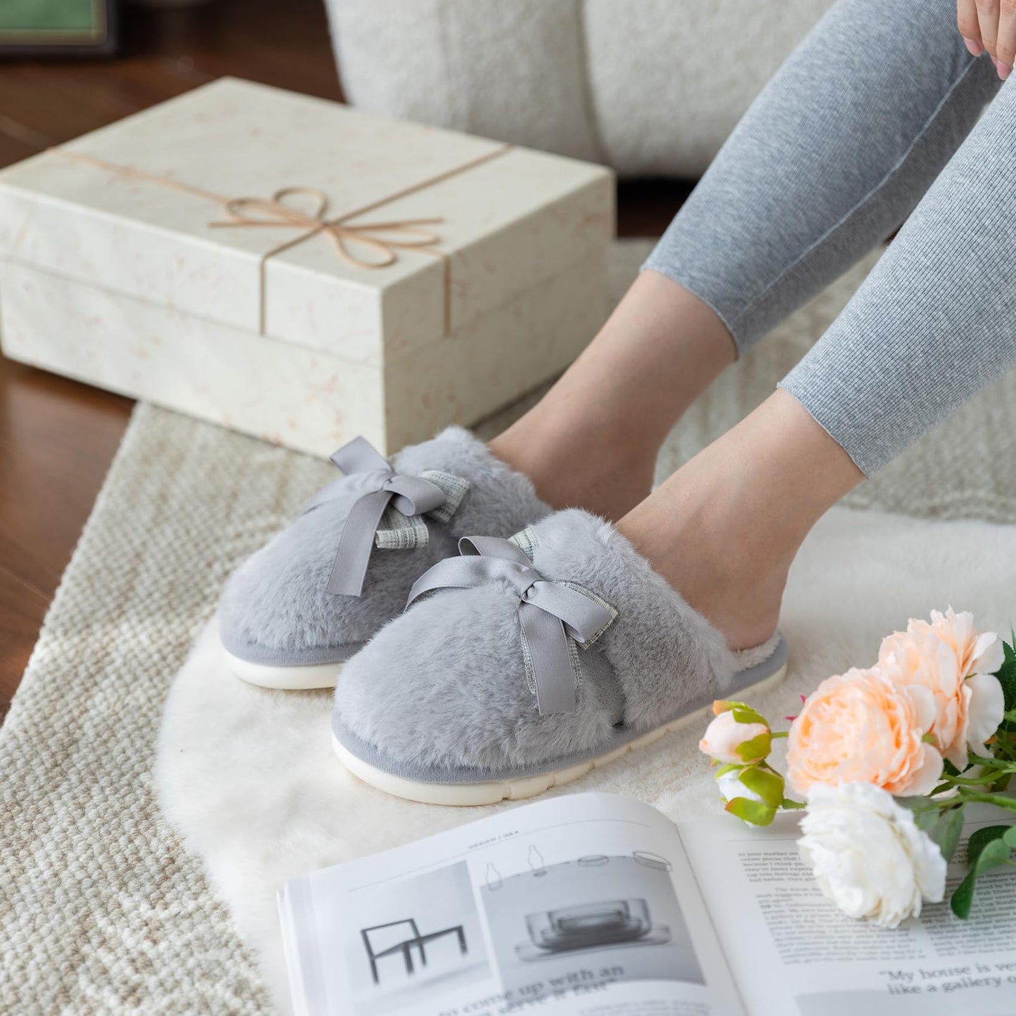 Cute Women's Memory Foam House Slippers - Fuzzy Plush Faux Fur Slippers with Bow Butterfly Tie - Anti-Skid Indoor/Outdoor Gifts for Women, Moms & Ladies