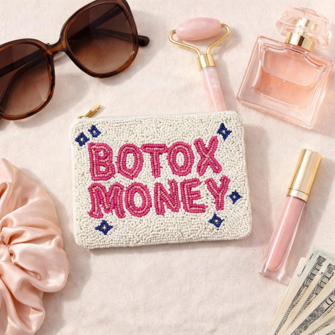Pearl Beaded Coin Purse Handmade with Colorful Designs Savings Bag Small Zipper Pouch for Cash Card & Makeup (Botox Money)