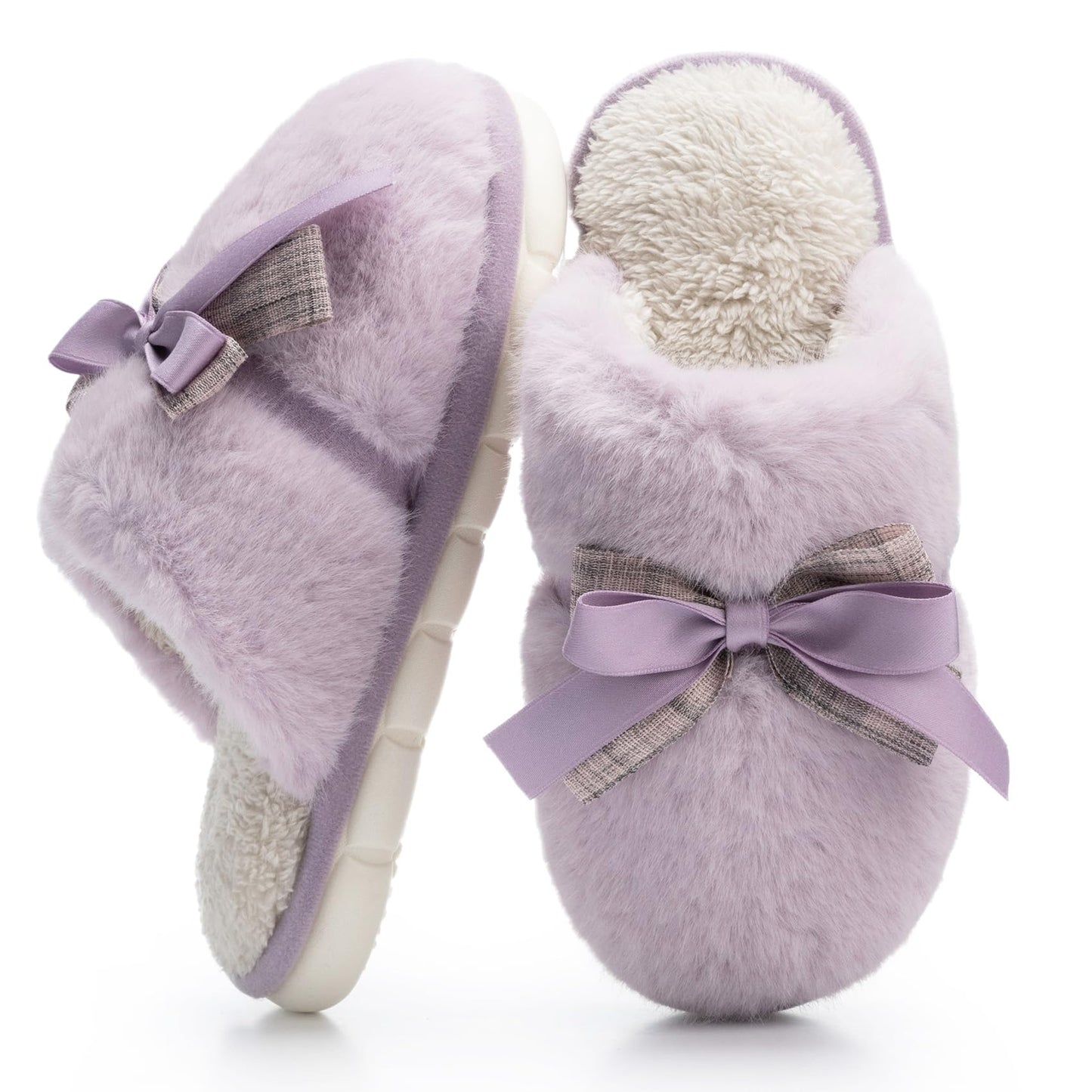 Cute Women's Memory Foam House Slippers - Fuzzy Plush Faux Fur Slippers with Bow Butterfly Tie - Anti-Skid Indoor/Outdoor Gifts for Women, Moms & Ladies