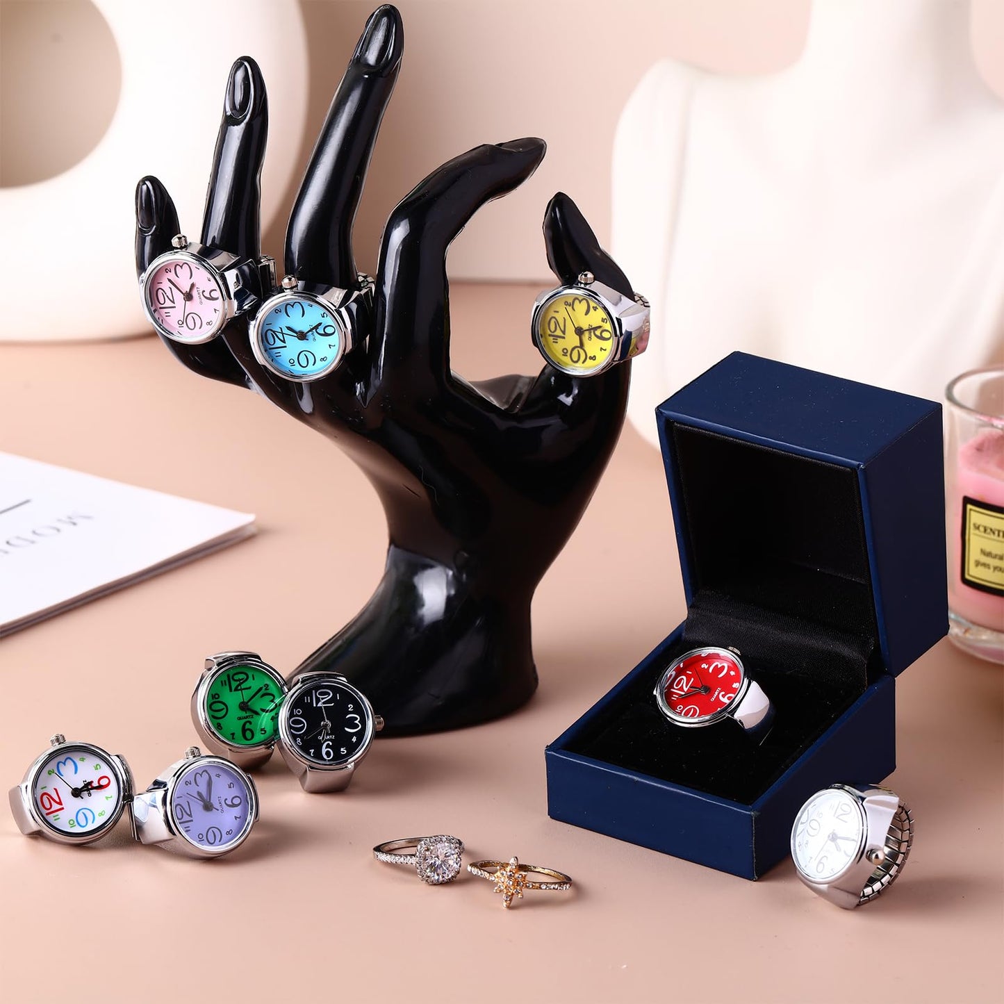 Landical 10 Pcs Finger Watches for Women Men Adjustable Clock Rings Bulk Creative Elastic Round Quartz Finger Watches