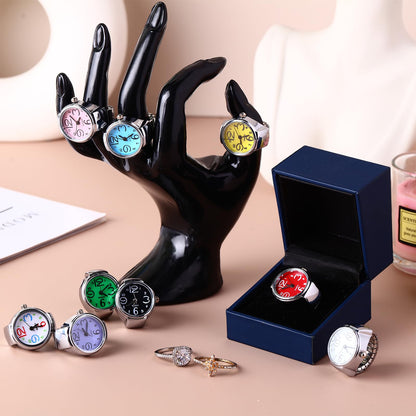 Landical 10 Pcs Finger Watches for Women Men Adjustable Clock Rings Bulk Creative Elastic Round Quartz Finger Watches