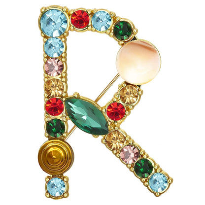 Initial Brooch A to Z 26 English Letters Plated Metal Stone Clear Colorful Crystal Lapel Pin Brooches Collar