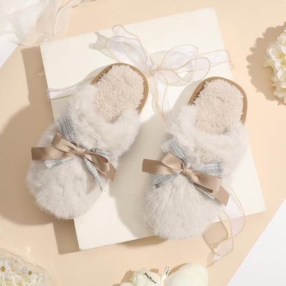Cute Women's Memory Foam House Slippers - Fuzzy Plush Faux Fur Slippers with Bow Butterfly Tie - Anti-Skid Indoor/Outdoor Gifts for Women, Moms & Ladies