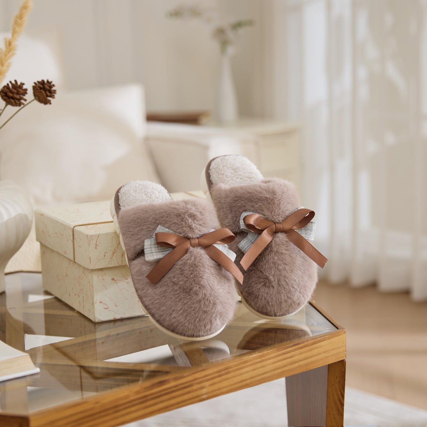 Cute Women's Memory Foam House Slippers - Fuzzy Plush Faux Fur Slippers with Bow Butterfly Tie - Anti-Skid Indoor/Outdoor Gifts for Women, Moms & Ladies