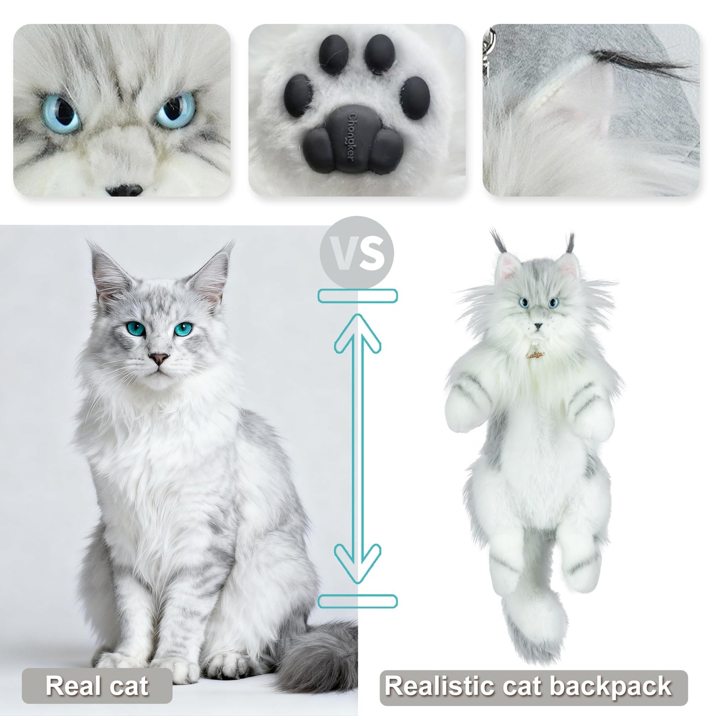 Chongker Cat Shaped Backpack - Handcrafted Stuffed Animals Plush Bag with Adjustable Shoulder, Crossbody, and Handbag Straps (MaineCoon Cat)