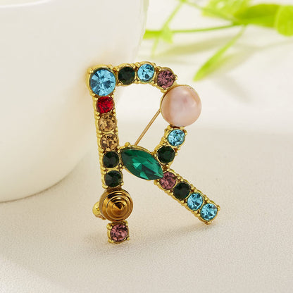 Initial Brooch Crystal Pearl Initial Brooch Gold Plated Enamel Colorful Letter Alphabet Breastpin Pin Jewelry for GIFTS
