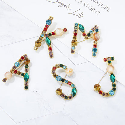 Initial Brooch Crystal Pearl Initial Brooch Gold Plated Enamel Colorful Letter Alphabet Breastpin Pin Jewelry for GIFTS