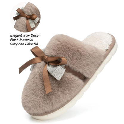 Cute Women's Memory Foam House Slippers - Fuzzy Plush Faux Fur Slippers with Bow Butterfly Tie - Anti-Skid Indoor/Outdoor Gifts for Women, Moms & Ladies