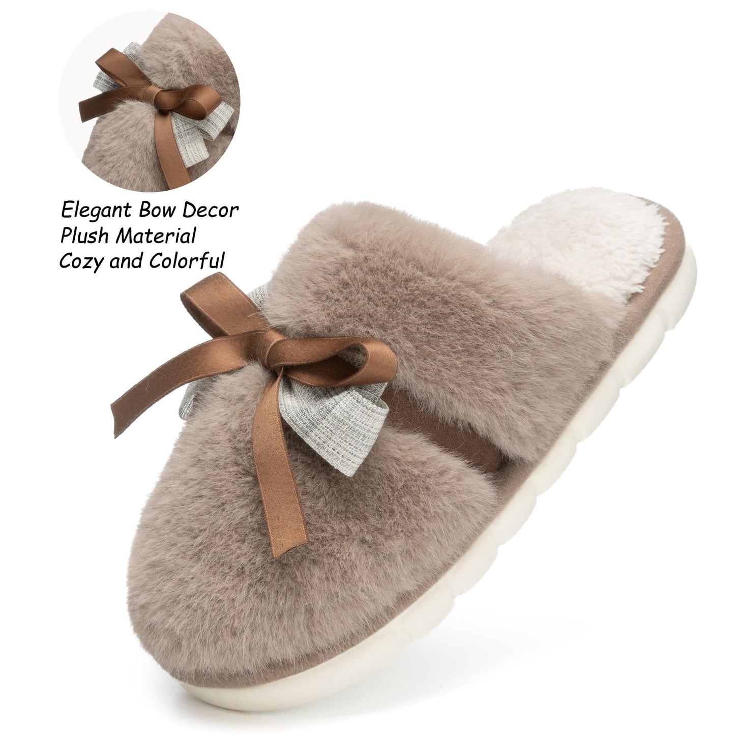 Cute Women's Memory Foam House Slippers - Fuzzy Plush Faux Fur Slippers with Bow Butterfly Tie - Anti-Skid Indoor/Outdoor Gifts for Women, Moms & Ladies