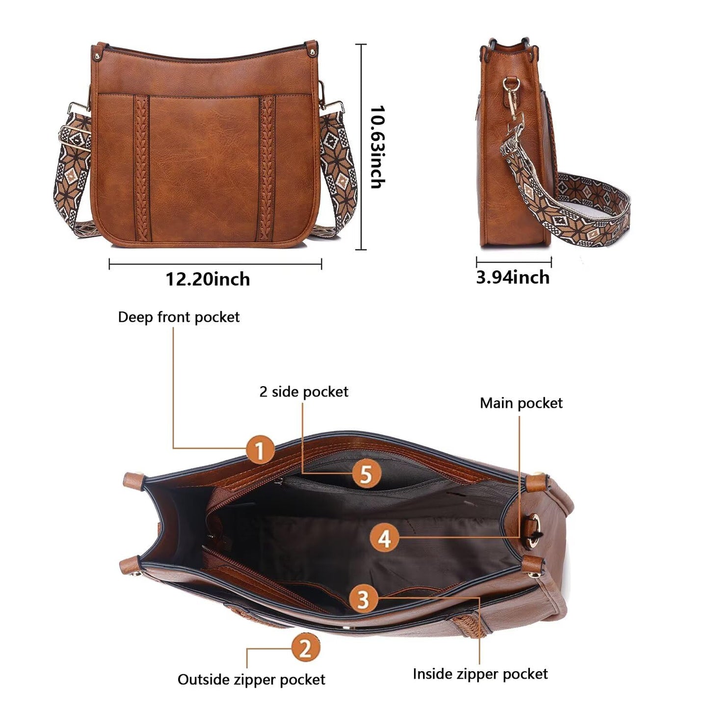 Crossbody Purse with Guitar Strap Zipped Pockets Handbag Shoulder Bag Vegan Leather Crossbody Bags for Women