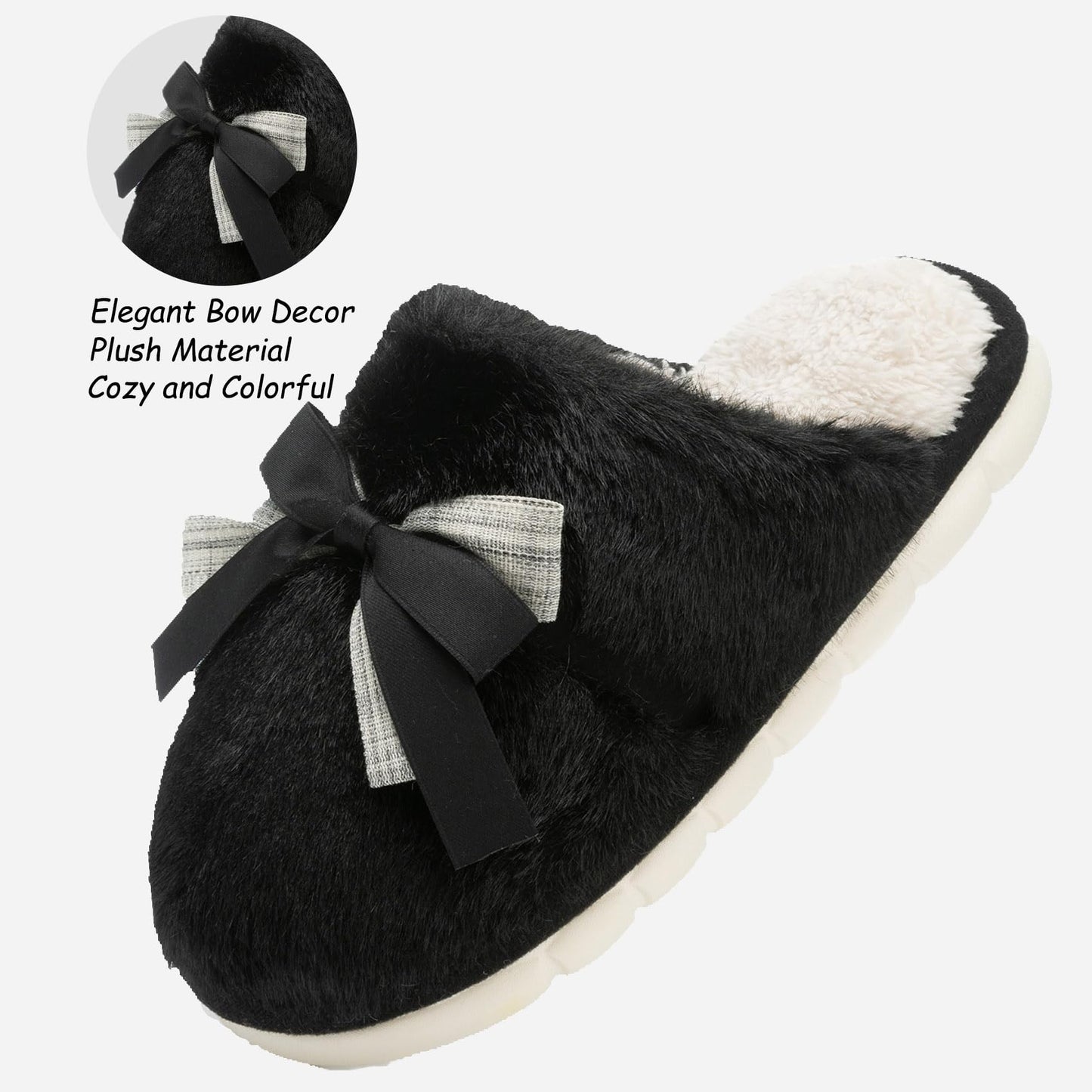 Cute Women's Memory Foam House Slippers - Fuzzy Plush Faux Fur Slippers with Bow Butterfly Tie - Anti-Skid Indoor/Outdoor Gifts for Women, Moms & Ladies