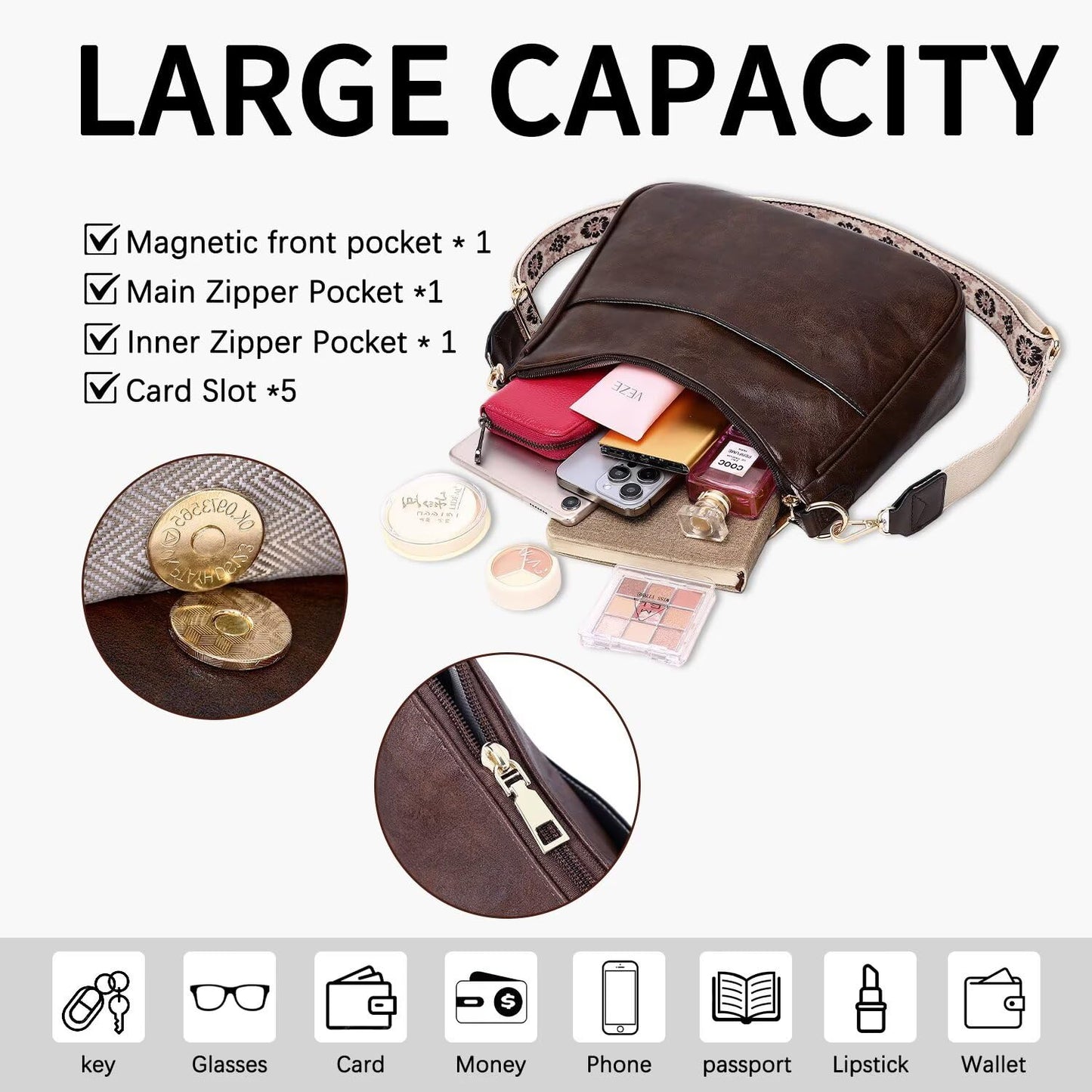 Crossbody Purse with Guitar Strap Zipped Pockets Handbag Shoulder Bag Vegan Leather Crossbody Bags for Women