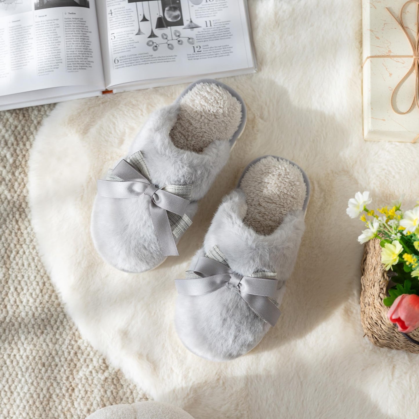 Cute Women's Memory Foam House Slippers - Fuzzy Plush Faux Fur Slippers with Bow Butterfly Tie - Anti-Skid Indoor/Outdoor Gifts for Women, Moms & Ladies