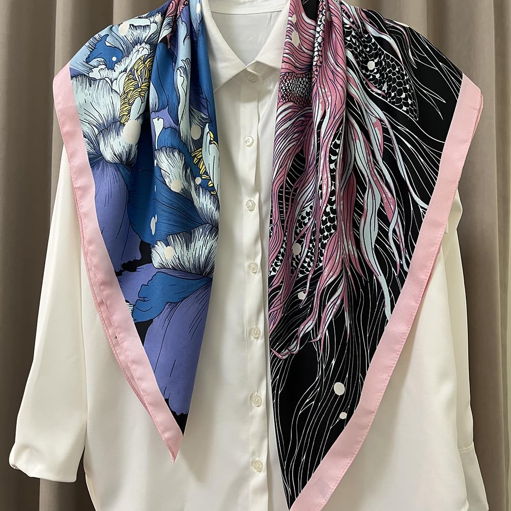 35" Square Mulberry Silk Imitation Head Scarf for Women Satin Large Hair Scarves Neck Scarf