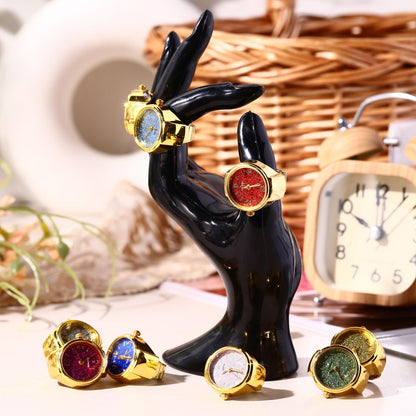 Landical 10 Pcs Finger Watches for Women Men Adjustable Clock Rings Bulk Creative Elastic Round Quartz Finger Watches