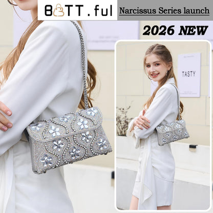 Flower Evening Handbags Chain Strap Square Shoulder Bag Crossbody Bag Crystals Rhinestone Clutch Purse