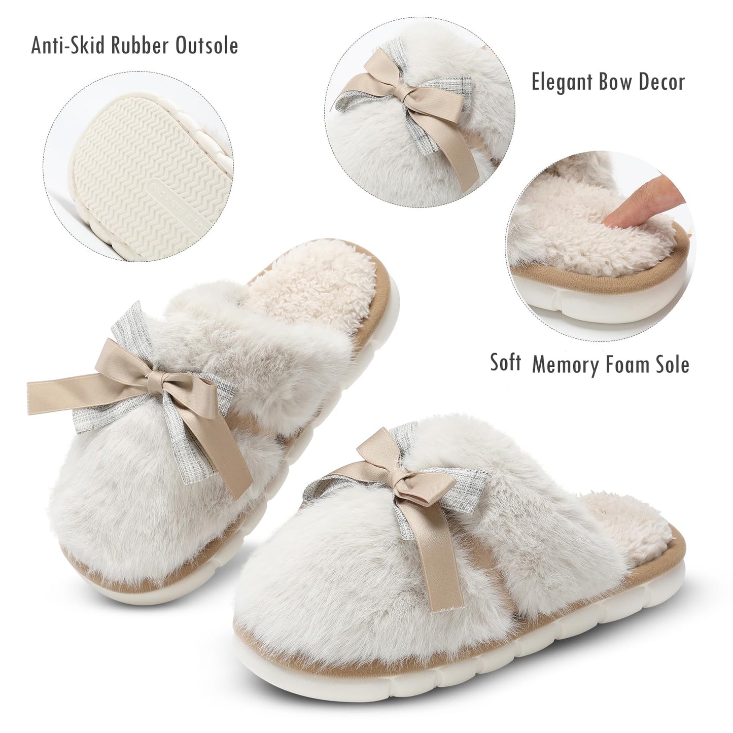 Cute Women's Memory Foam House Slippers - Fuzzy Plush Faux Fur Slippers with Bow Butterfly Tie - Anti-Skid Indoor/Outdoor Gifts for Women, Moms & Ladies