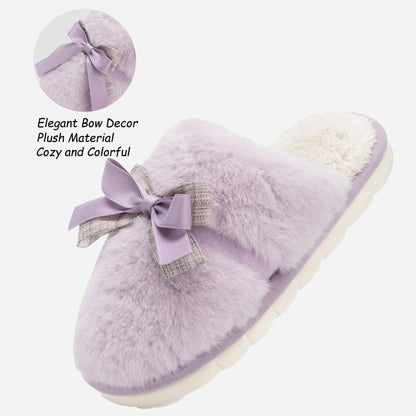 Cute Women's Memory Foam House Slippers - Fuzzy Plush Faux Fur Slippers with Bow Butterfly Tie - Anti-Skid Indoor/Outdoor Gifts for Women, Moms & Ladies